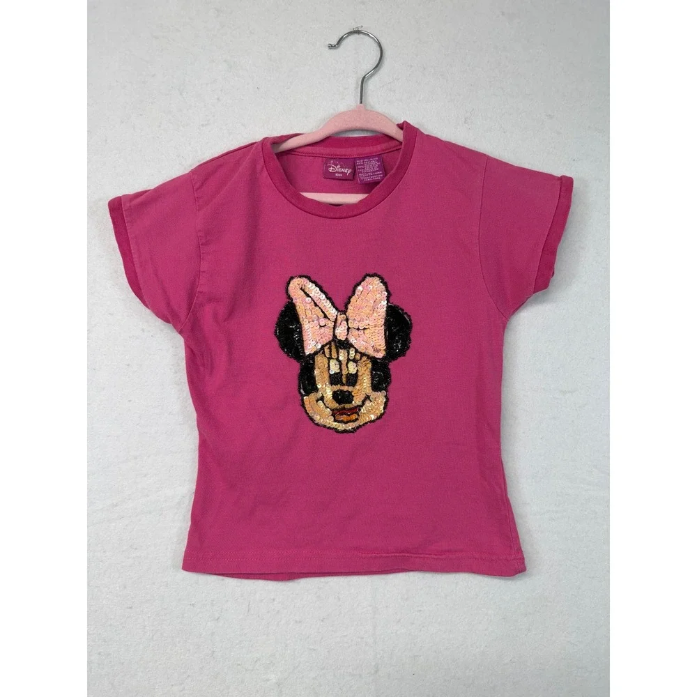 Kids Disney Minnie Mouse Pink Sequin Bow Face Short Sleeve T-Shirt Size 7/8